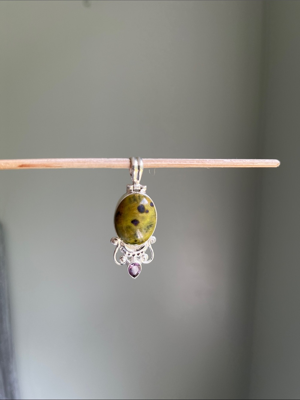 Green Stichtite and Amethyst Sterling Silver Pendant
